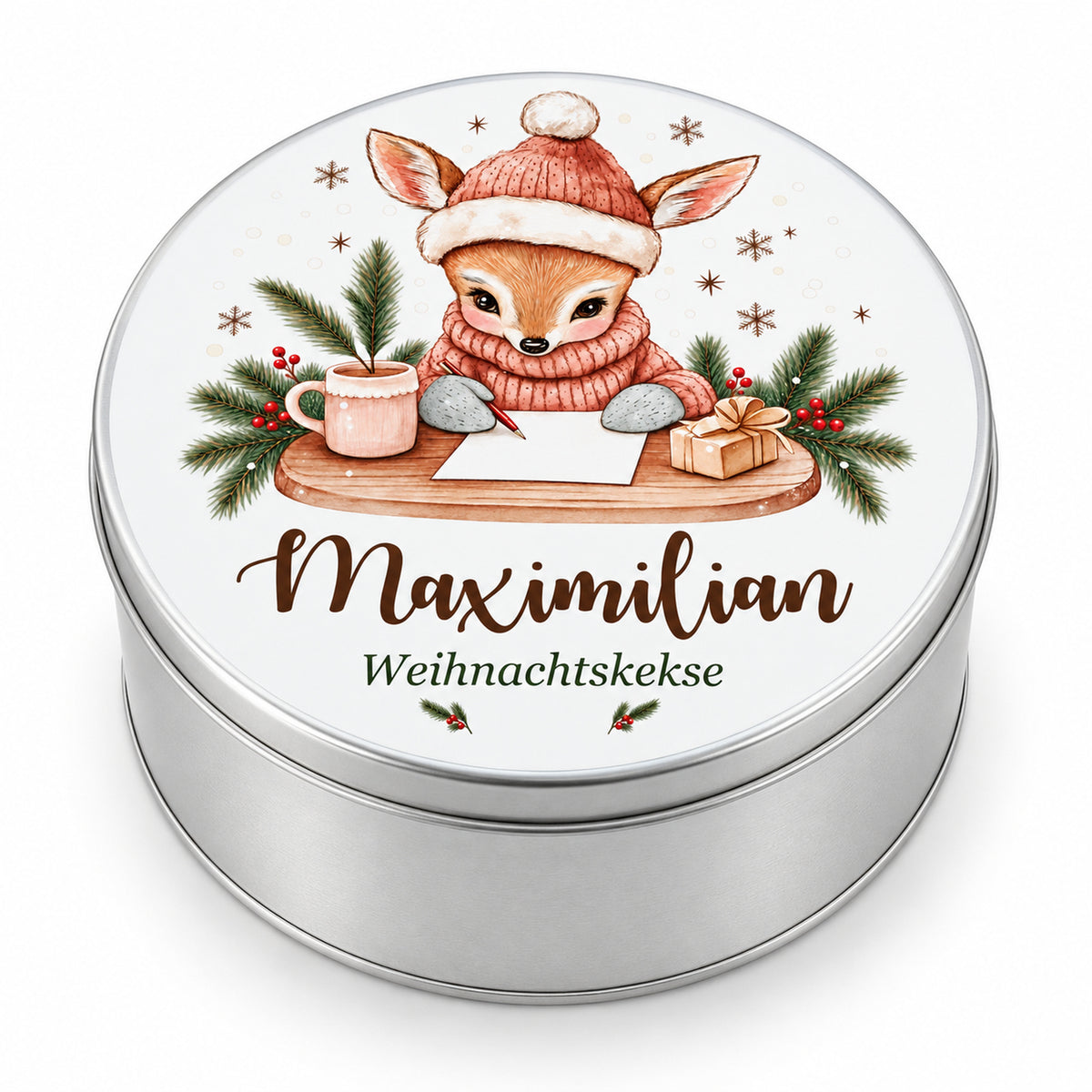 Personalisierte Weihnachts-Keksdose, Motiv Reh mit Weihnachtspost – Hauptbild auf weißem Hintergrund