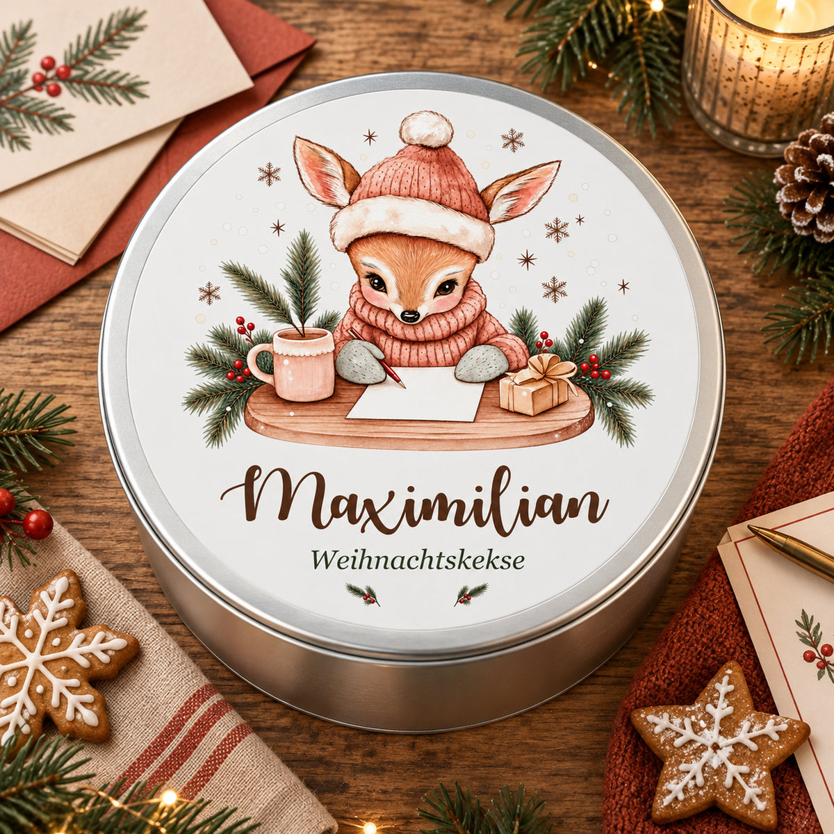 Personalisierte Weihnachts-Keksdose, Motiv Reh mit Weihnachtspost – Draufsicht in weihnachtlicher Umgebung