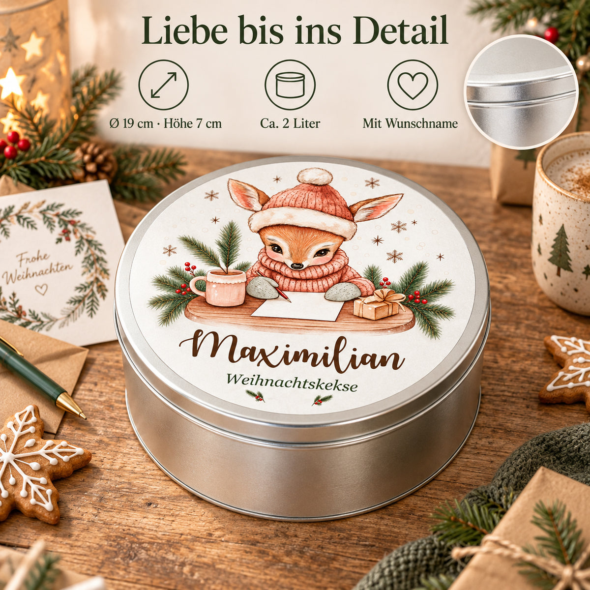 Personalisierte Weihnachts-Keksdose, Motiv Reh mit Weihnachtspost – Produktdetails und Maße