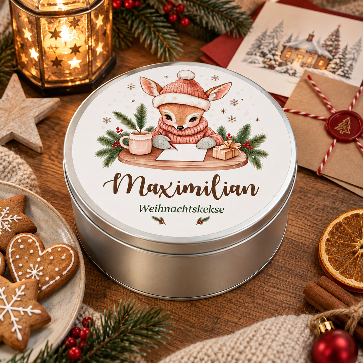 Personalisierte Weihnachts-Keksdose, Motiv Reh mit Weihnachtspost – Weihnachtliche Geschenkszene