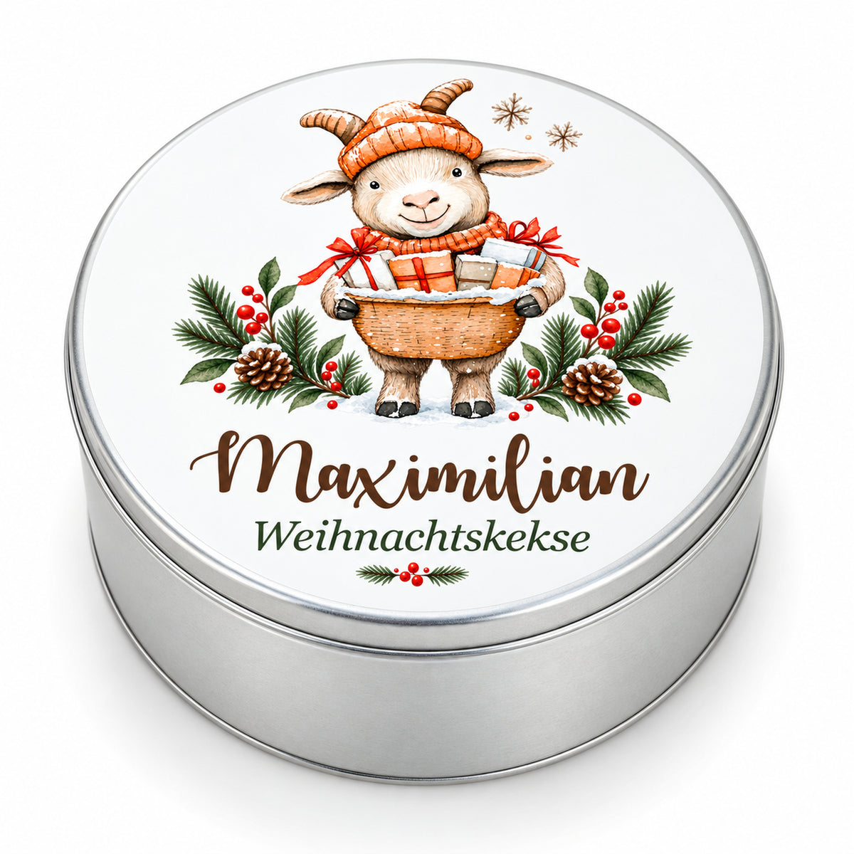Personalisierte Weihnachts-Keksdose, Motiv Ziege mit Geschenkkorb – Hauptbild auf weißem Hintergrund