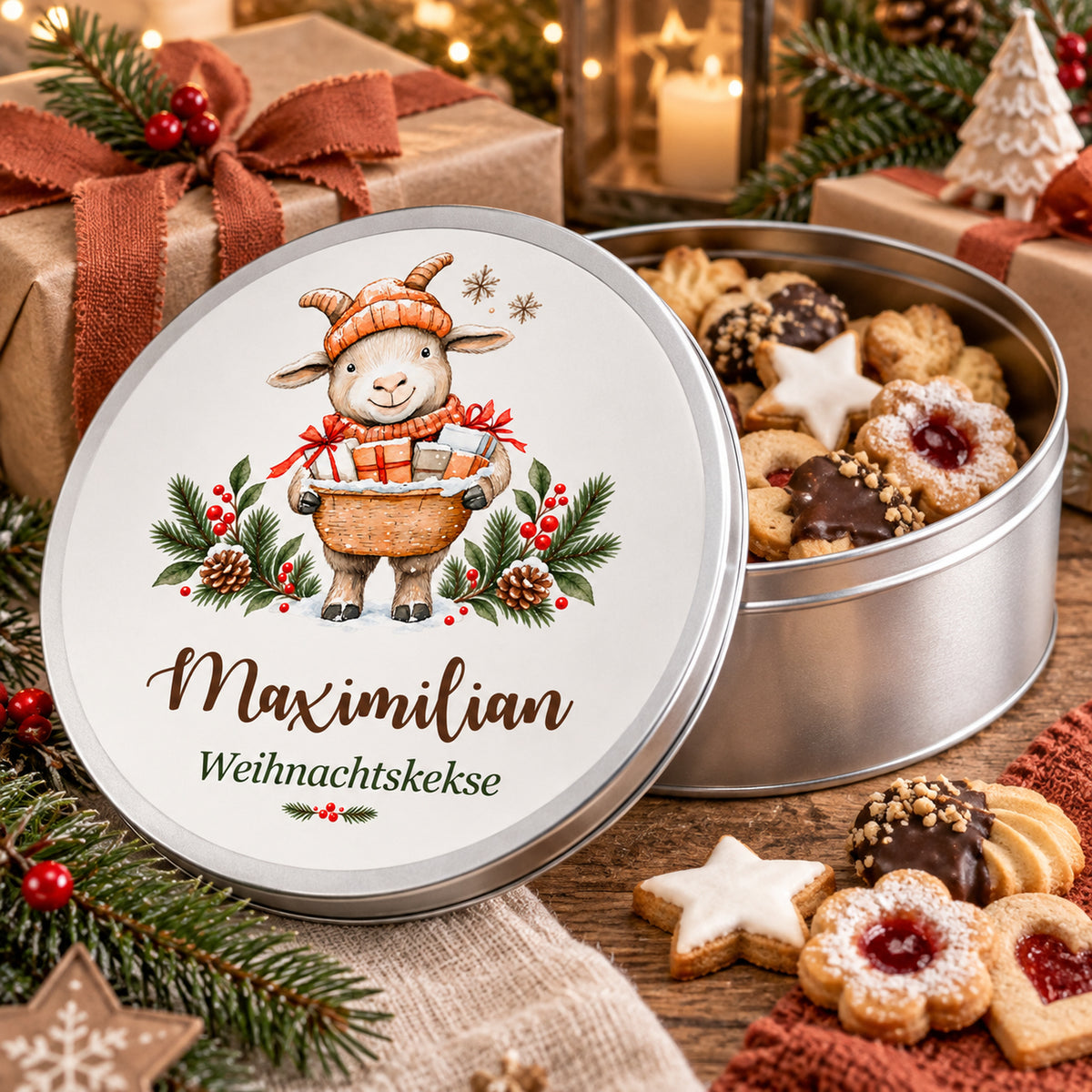 Personalisierte Weihnachts-Keksdose, Motiv Ziege mit Geschenkkorb – Geöffnete Keksdose mit aufgestelltem bedrucktem Deckel