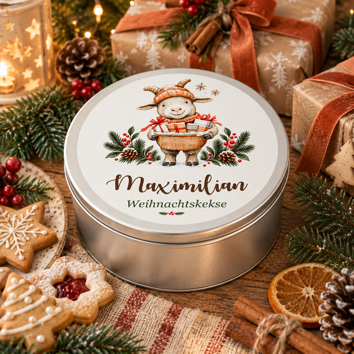 Personalisierte Weihnachts-Keksdose, Motiv Ziege mit Geschenkkorb – Weihnachtliche Geschenkszene