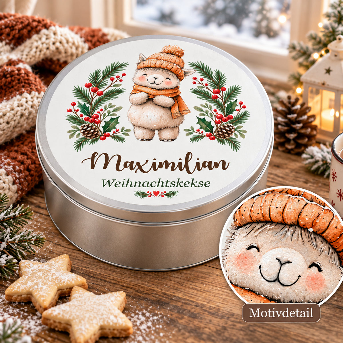 Personalisierte Weihnachts-Keksdose, Motiv Lamm mit Wintermütze – Motivdetail