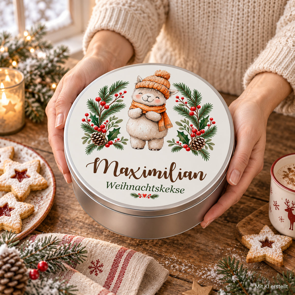 Personalisierte Weihnachts-Keksdose, Motiv Lamm mit Wintermütze – Keksdose in erwachsenen Händen