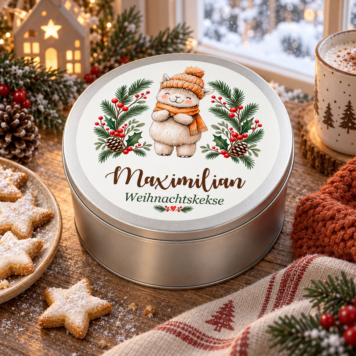 Personalisierte Weihnachts-Keksdose, Motiv Lamm mit Wintermütze – Weihnachtliche Geschenkszene