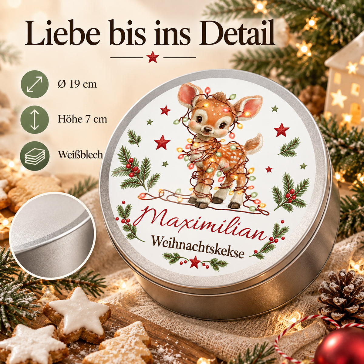 Keksdose mit Rehkitz mit Lichterkette: Weißblech, Durchmesser 19 cm und Höhe 7 cm.