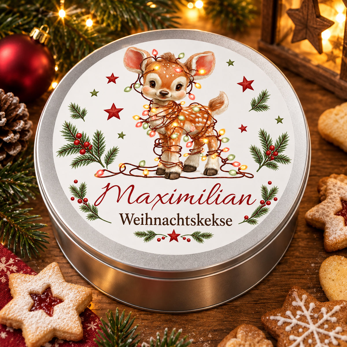 Keksdose mit Rehkitz mit Lichterkette und Wunschname in einer Wohnszene mit Weihnachtsdekoration.
