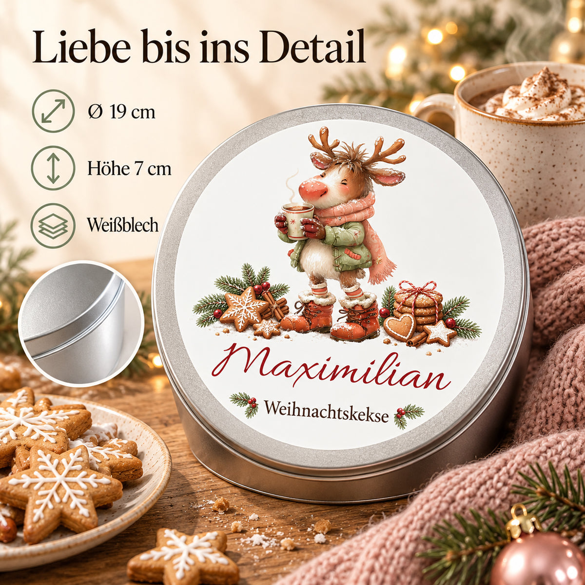Keksdose mit Rentier mit Kakao: Weißblech, Durchmesser 19 cm und Höhe 7 cm.
