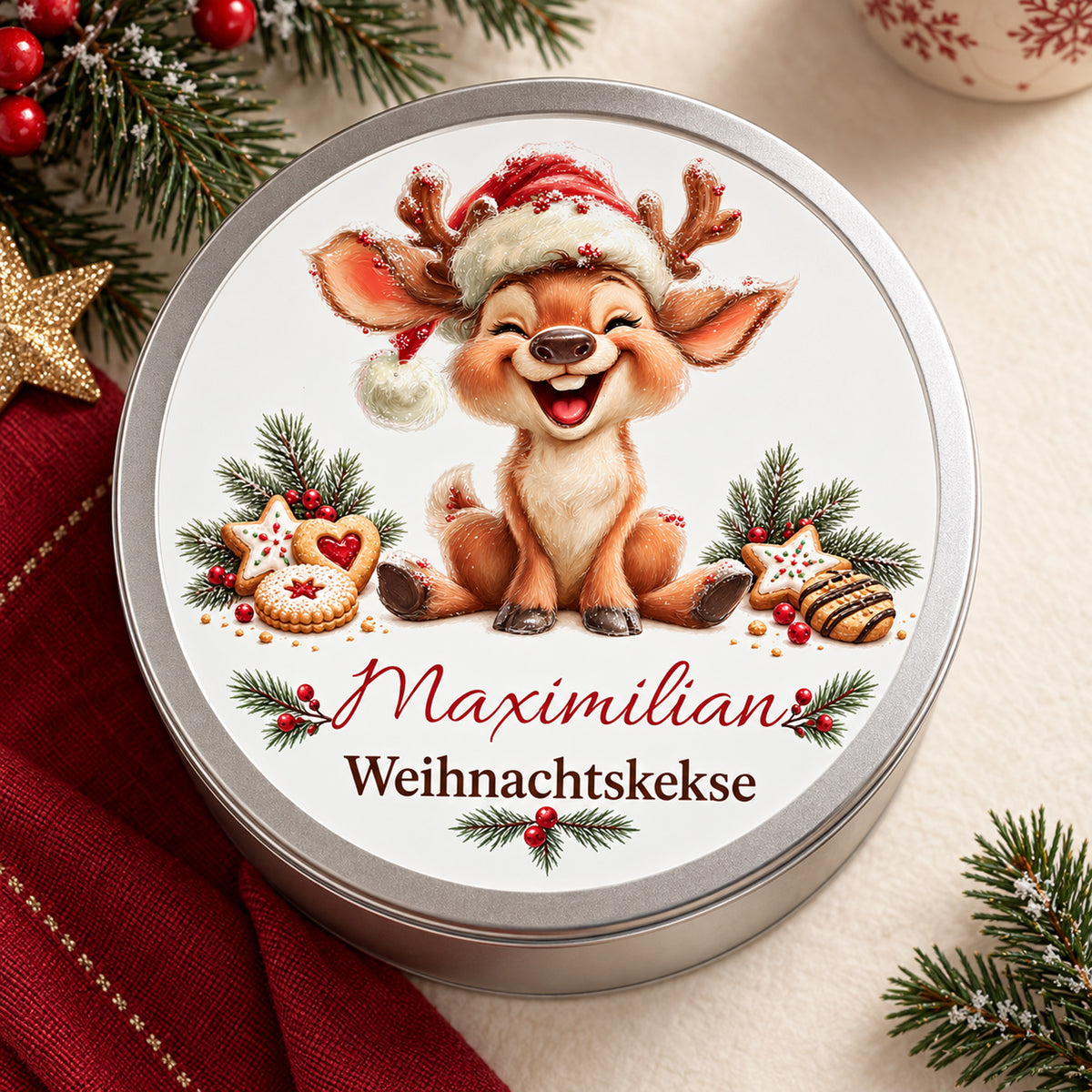 Draufsicht auf die Keksdose mit lachendem Rentier mit Weihnachtsmütze auf einem weihnachtlich gedeckten Tisch.