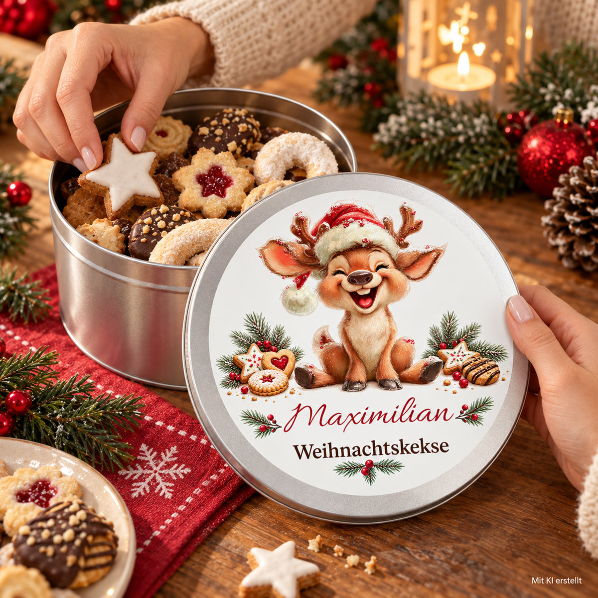 Hände an der offenen Keksdose mit Keksen und lachendem Rentier mit Weihnachtsmütze.