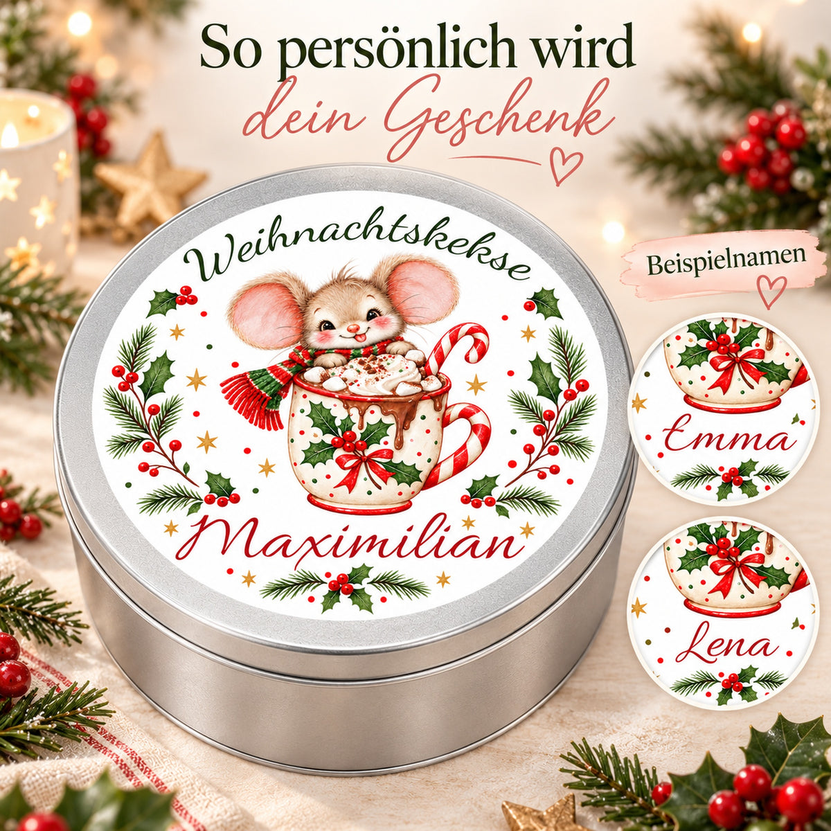 Keksdose Weihnachtsmaus Kakaotasse mit verschiedenen Namensgestaltungen
