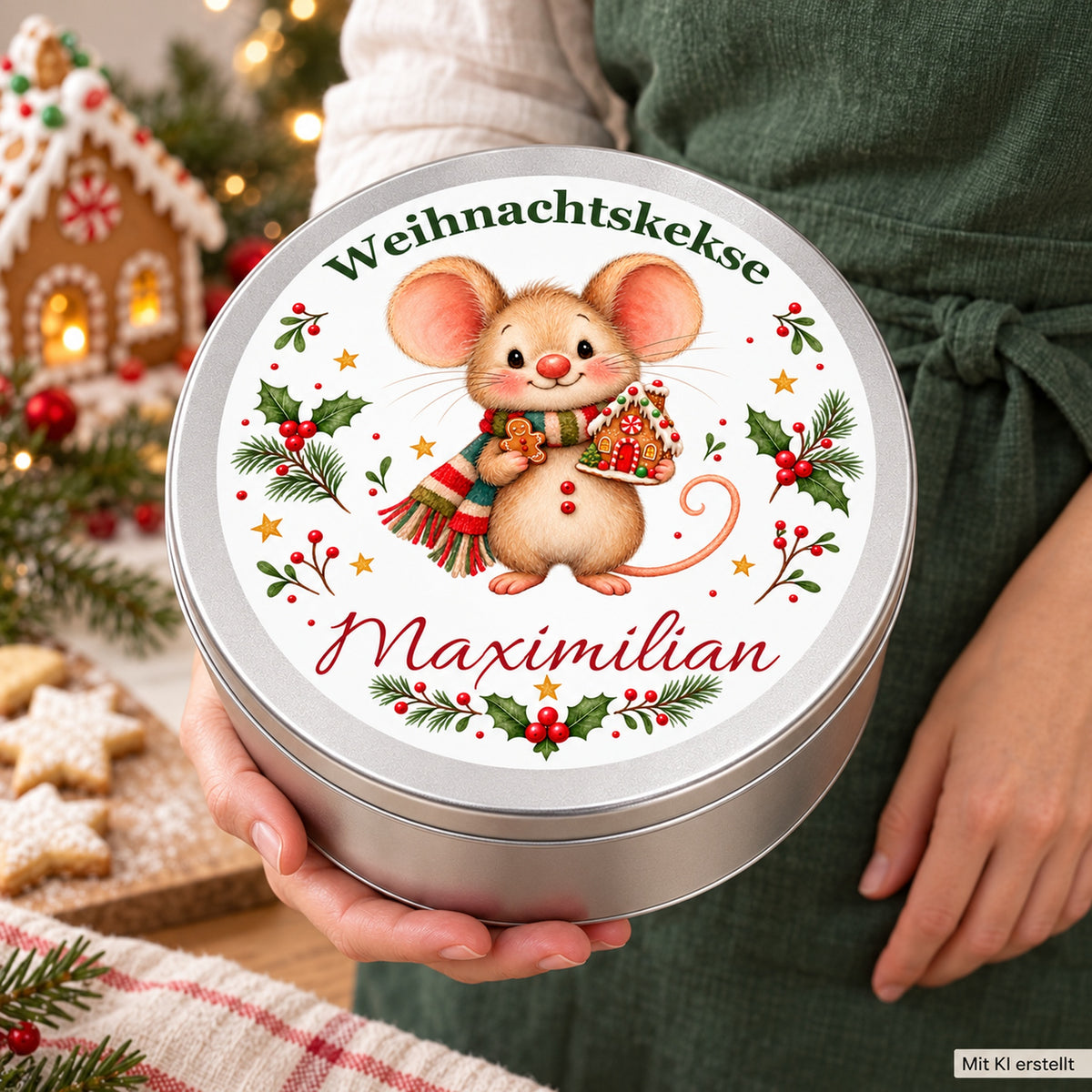 Keksdose Weihnachtsmaus Lebkuchenhaus mit Wunschname in den Händen einer Person