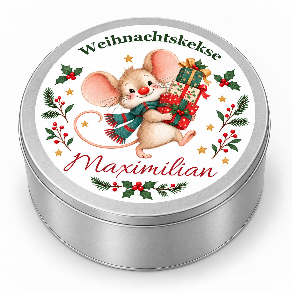 Keksdose Weihnachtsmaus Geschenke mit Wunschname in seitlicher Dreiviertelansicht