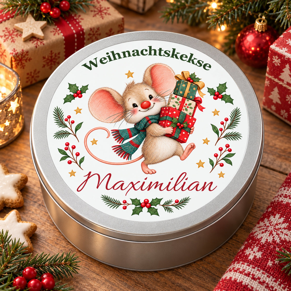 Keksdose Weihnachtsmaus Geschenke mit Wunschname in einer weihnachtlichen Wohnszene