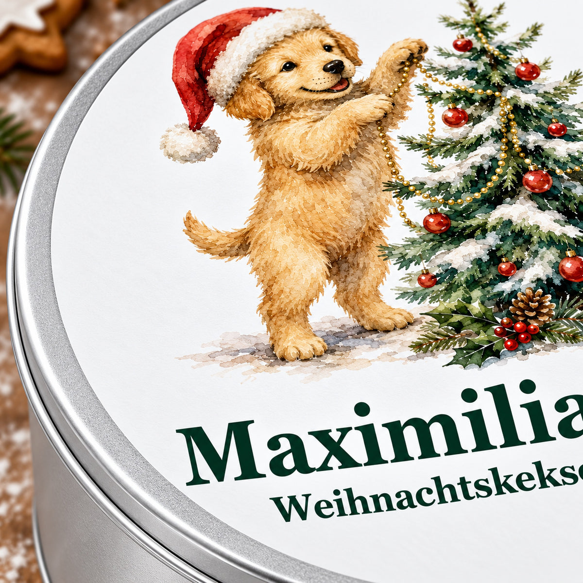 Detail des Weihnachtsmotivs auf einer runden Keksdose mit Hund am Weihnachtsbaum und Wunschname.
