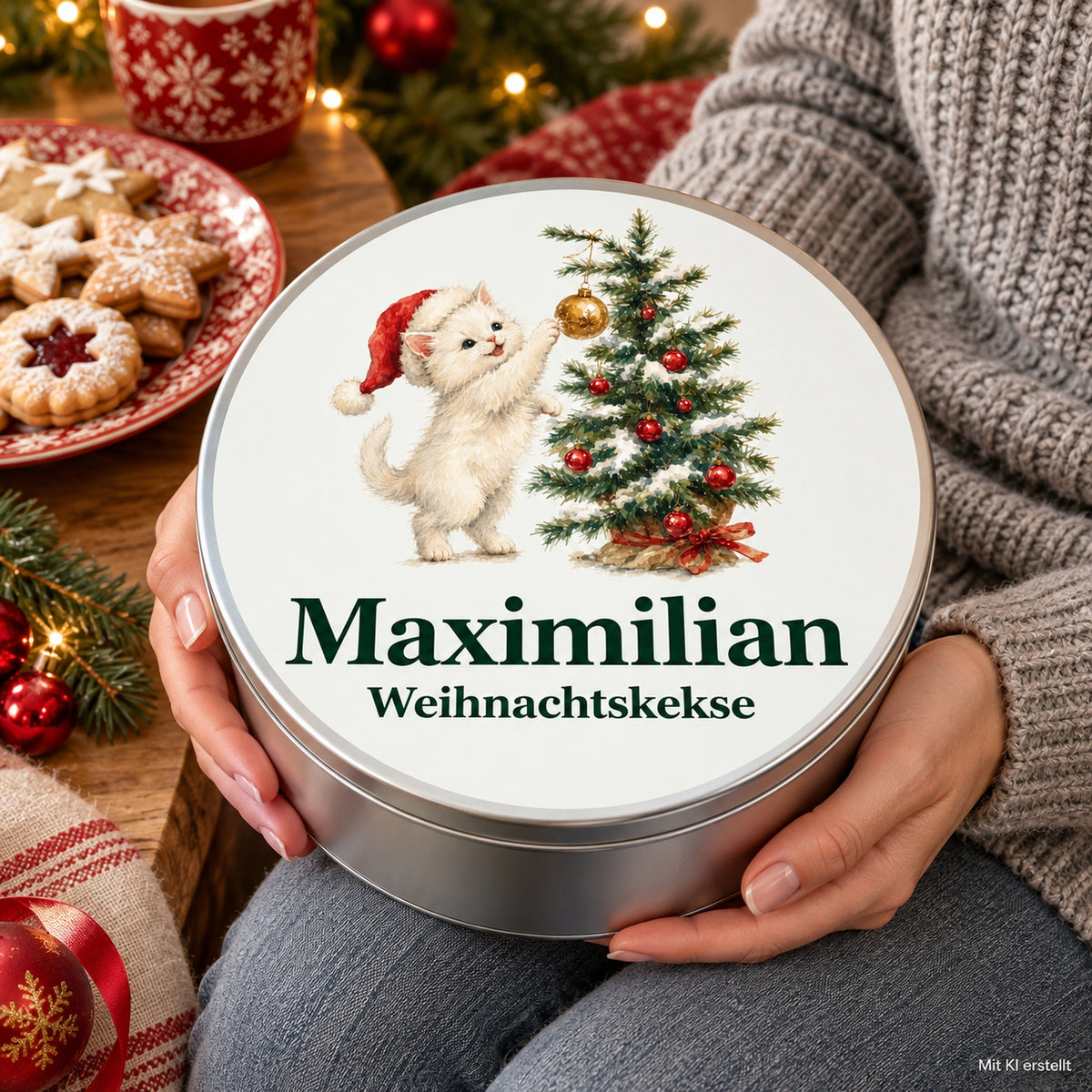 Mit Händen gehaltene runde Keksdose mit Katze, die nach einer goldenen Kugel am Weihnachtsbaum greift und Wunschname.