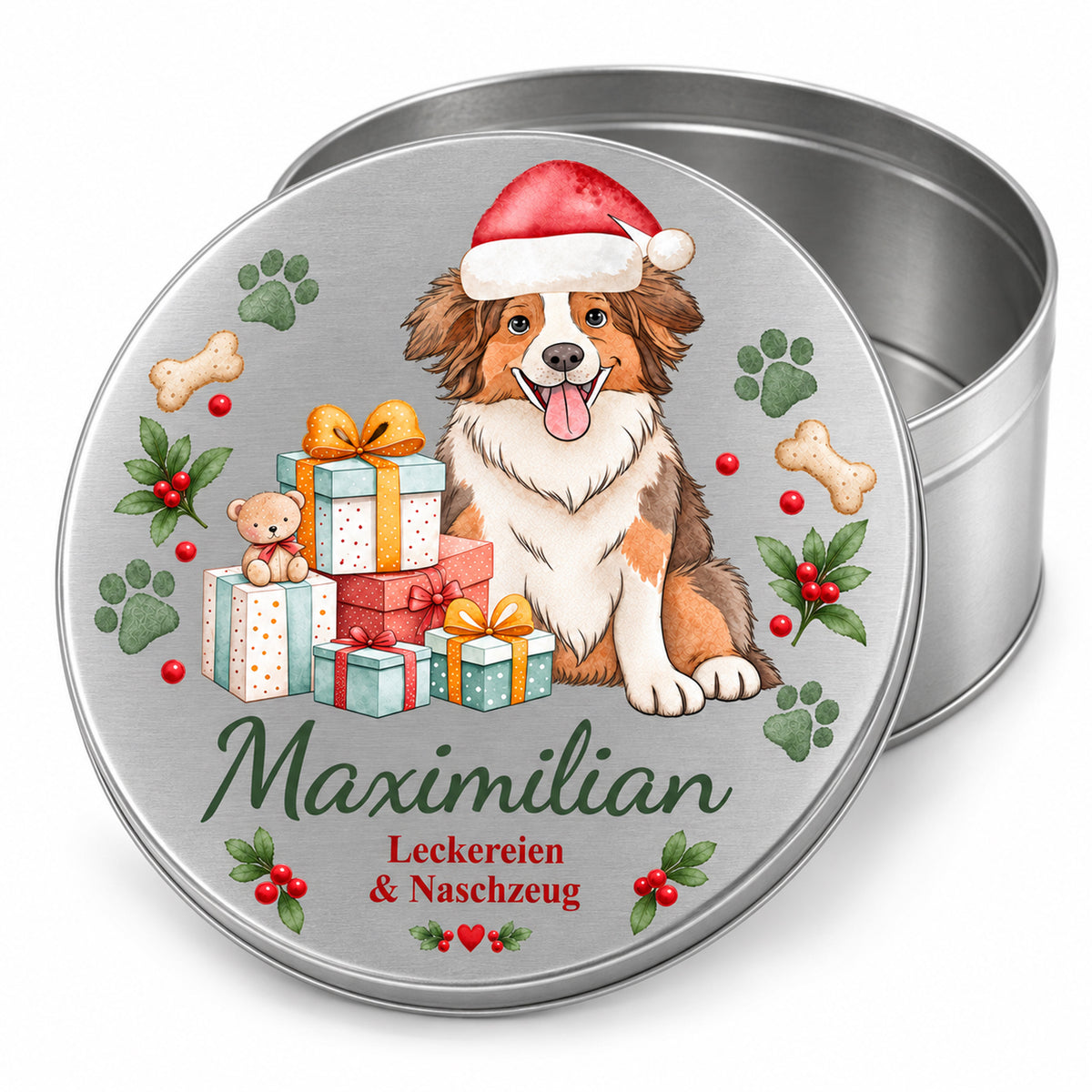 Personalisierte silberne Leckerlidose mit weihnachtlichem Australian Shepherd-Motiv, offener Dose und bedrucktem Deckel
