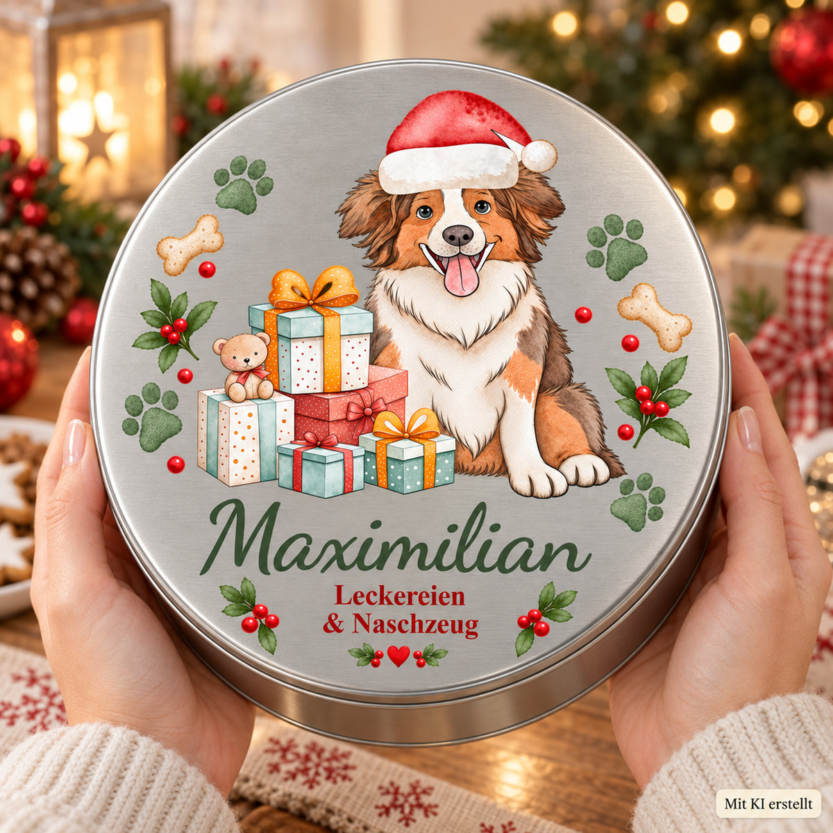 Hände halten eine silberne personalisierte Leckerlidose mit Australian Shepherd-Motiv zur Größenorientierung