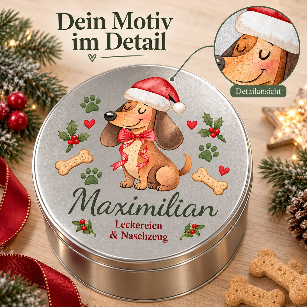 Bedruckte Dackel-Leckerlidose mit vergrößertem Ausschnitt des weihnachtlichen Hundemotivs