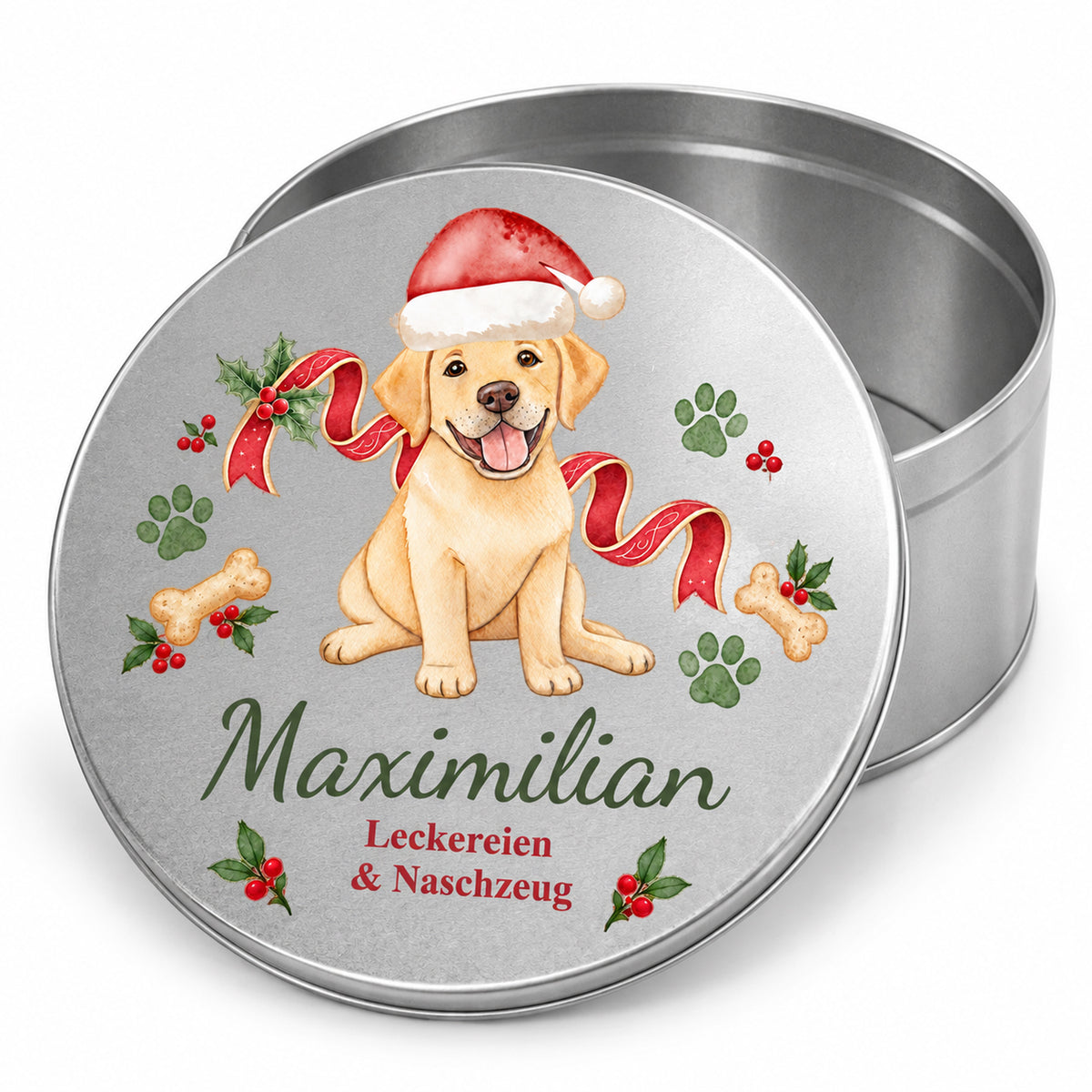 Personalisierte silberne Leckerlidose mit weihnachtlichem Labrador-Motiv, offener Dose und bedrucktem Deckel
