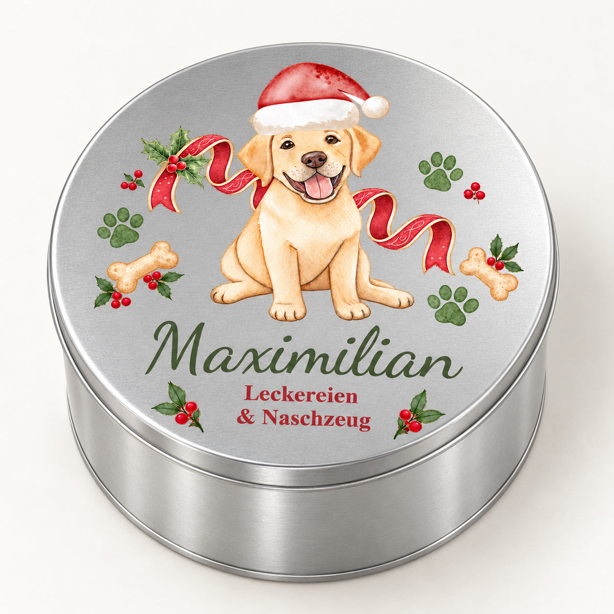Geschlossene runde Leckerlidose mit Labrador-Motiv in schräger Ansicht