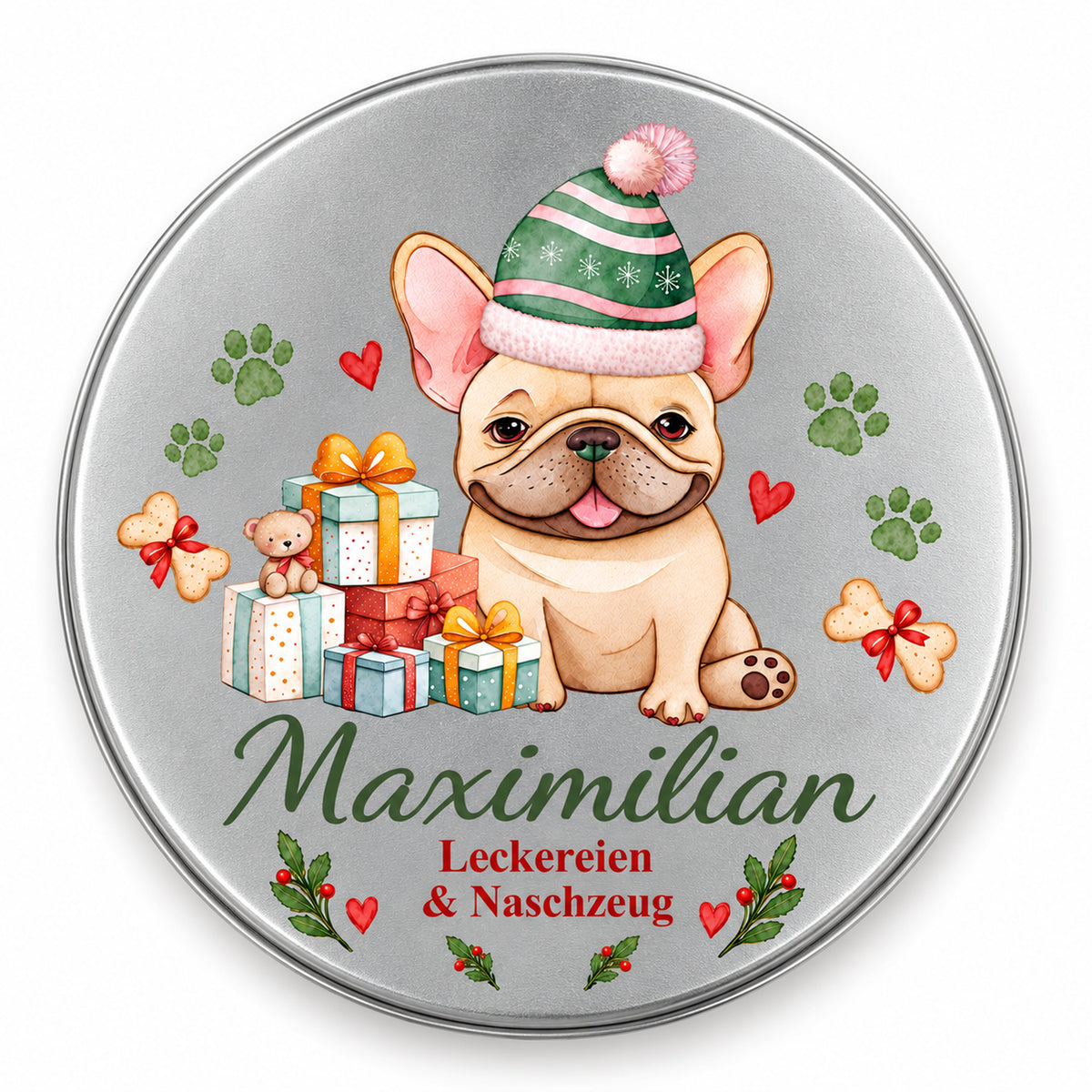 Draufsicht auf den silbernen Dosendeckel mit Französische Bulldogge-Weihnachtsmotiv, Wunschname und Spruch