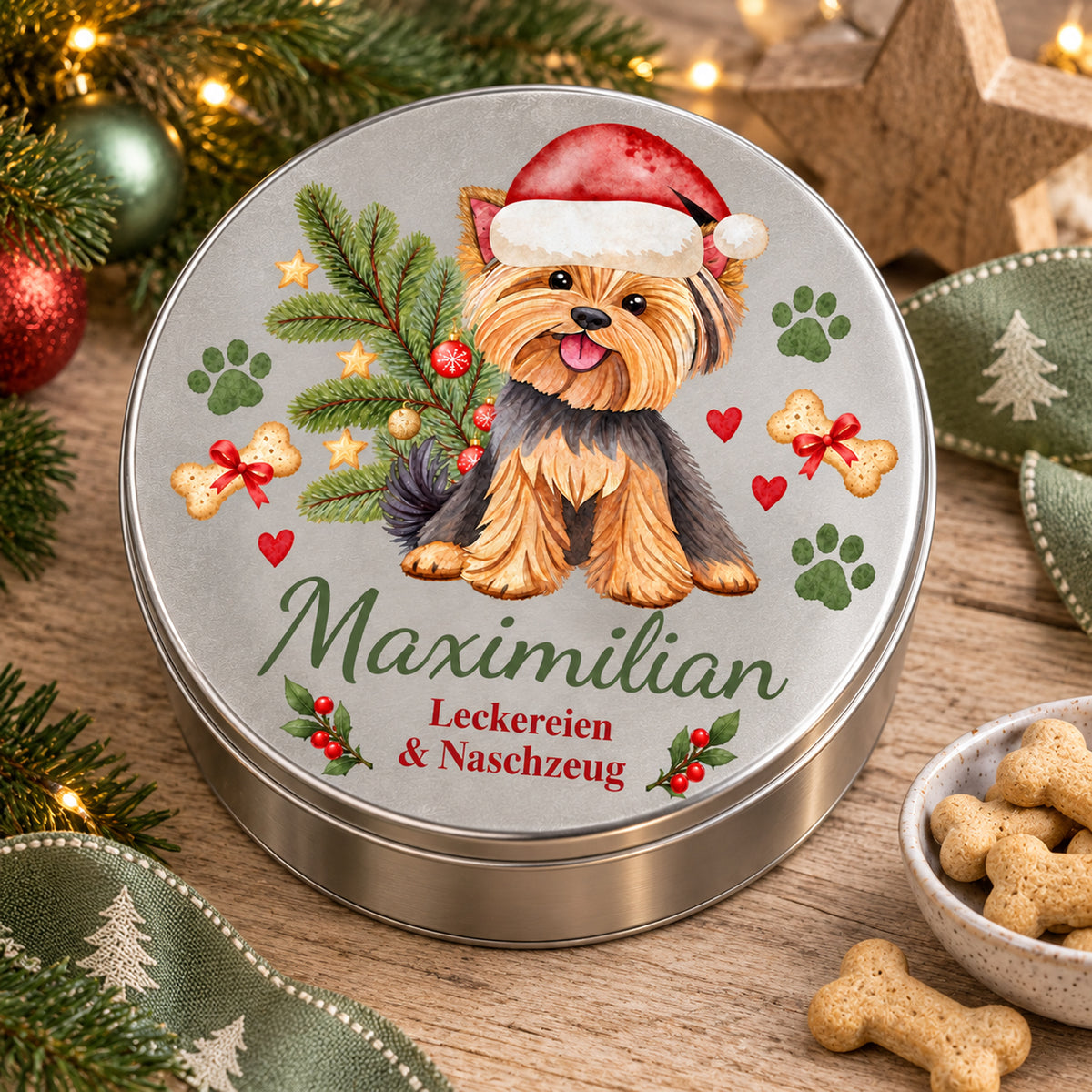 Geschlossene Yorkshire Terrier-Leckerlidose als Weihnachtsgeschenk neben Hundeleckerlis und weihnachtlicher Dekoration