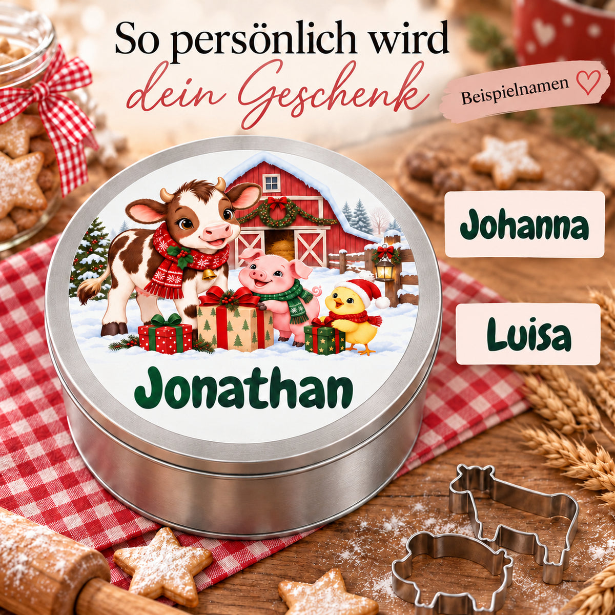 Runde personalisierte Keksdose mit Bauernhof-Motiv und Wunschname, mit Beispielen für die Personalisierung.