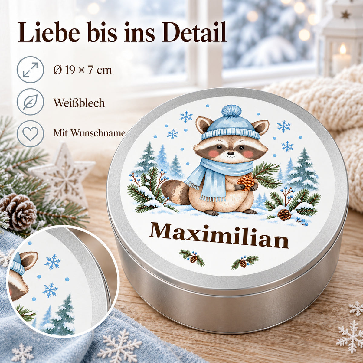Keksdose mit Waschbär und Wunschname, mit Motivdetail und Angaben zu Weißblech und 19 × 7 cm