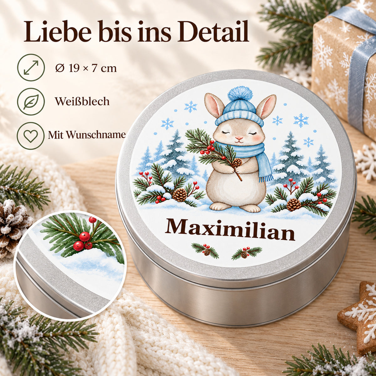 Keksdose mit Winterhasen und Wunschname, mit Motivdetail und Angaben zu Weißblech und 19 × 7 cm