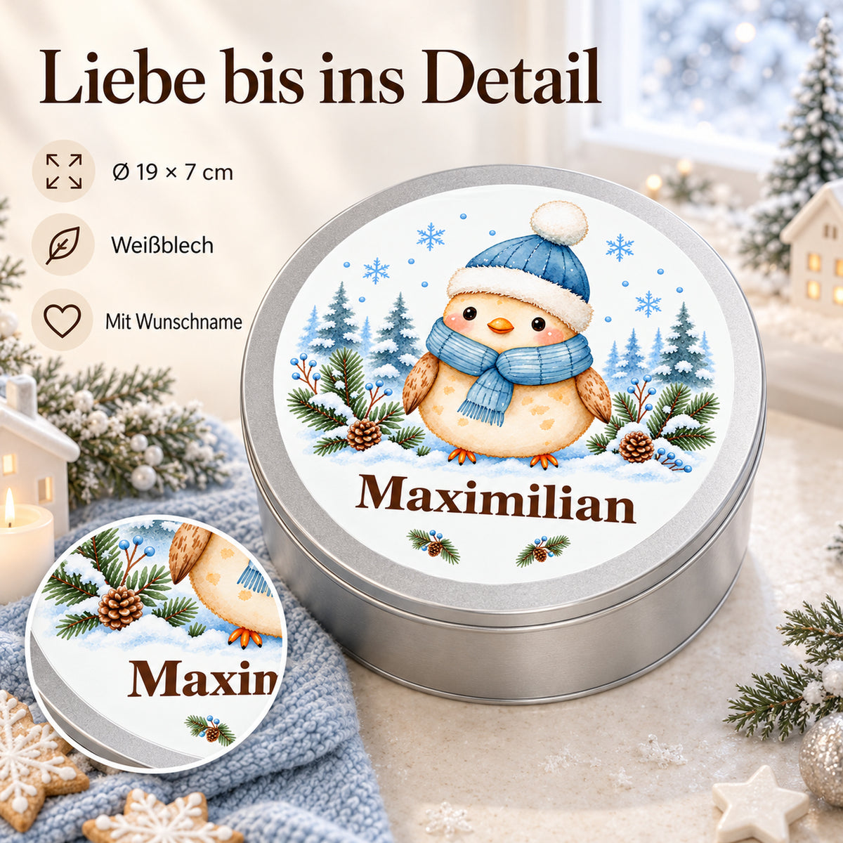 Keksdose mit Eule mit Wintermütze und Wunschname, mit Motivdetail und Angaben zu Weißblech und 19 × 7 cm