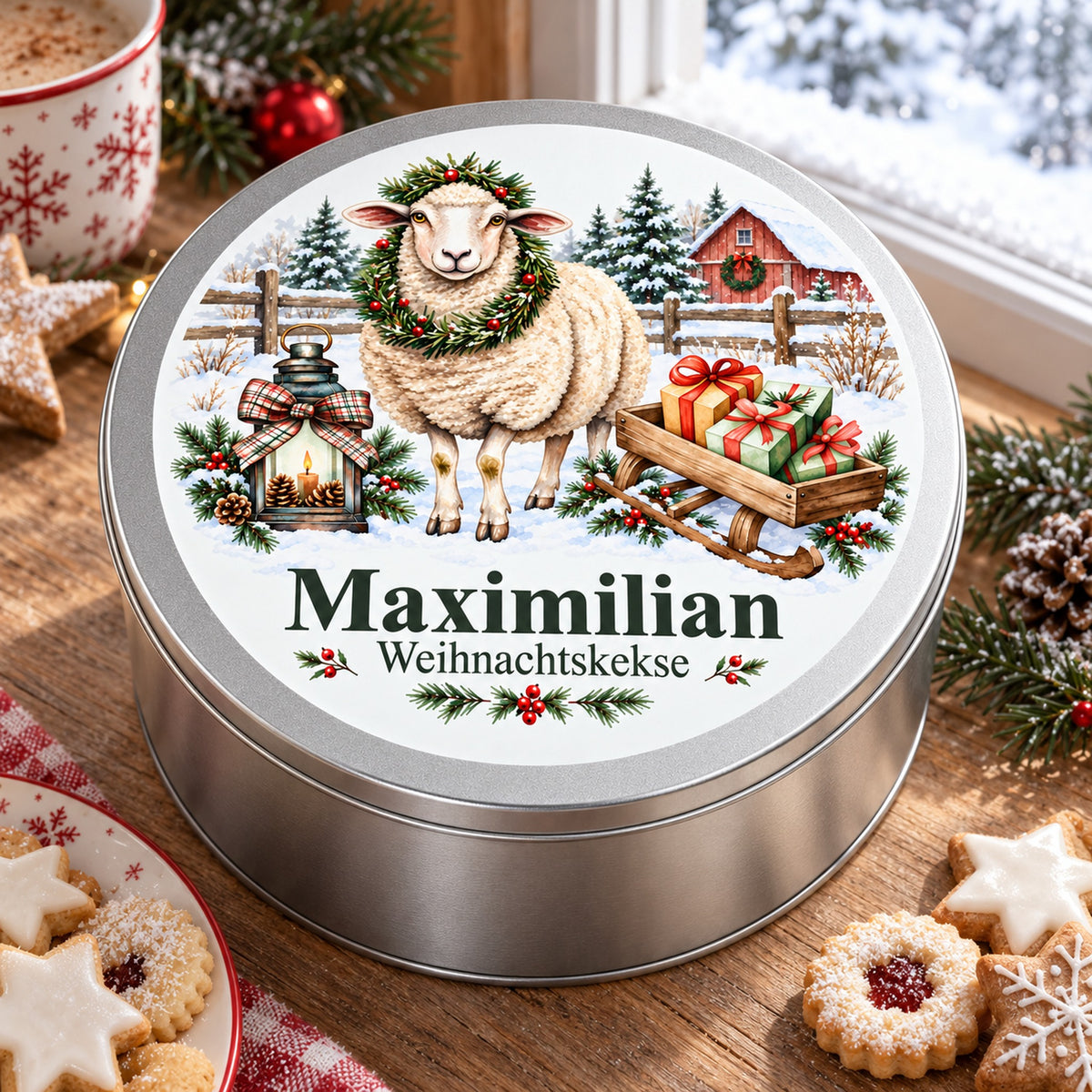 Nahansicht des bedruckten Deckels der Keksdose mit Schaf mit Geschenkschlitten und Wunschname