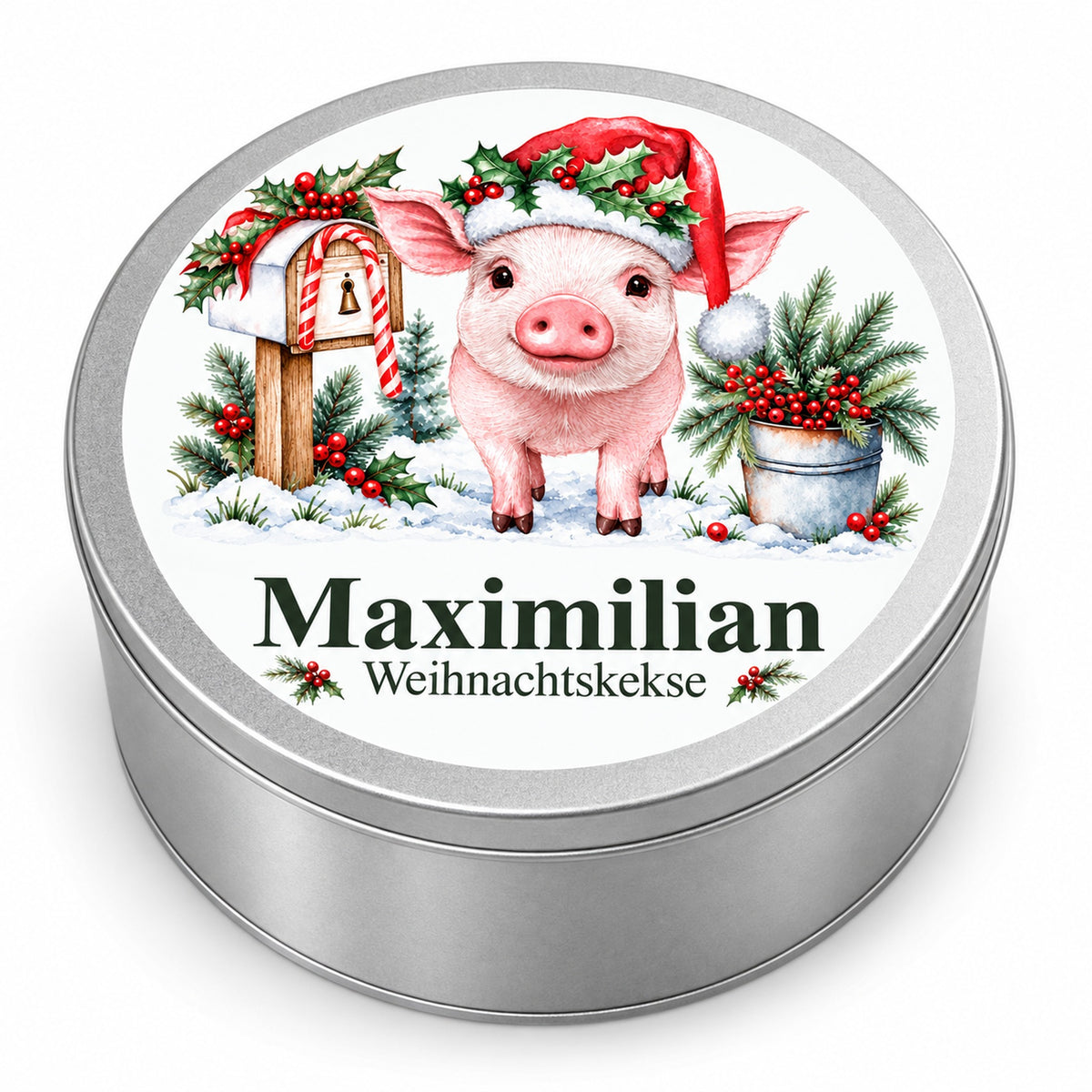 Runde silberne Keksdose mit Wunschname und Schweinchen und Weihnachtspost auf weißem Hintergrund