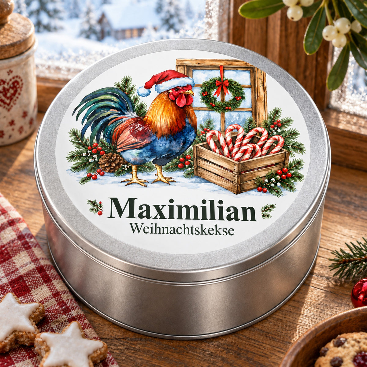 Nahansicht des bedruckten Deckels der Keksdose mit Hahn am Weihnachtsfenster und Wunschname