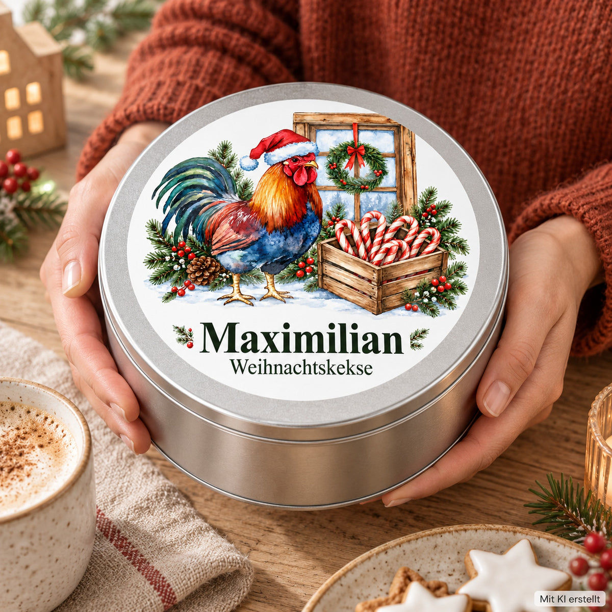 Personalisierte Plätzchendose mit Hahn am Weihnachtsfenster und Wunschname in den Händen