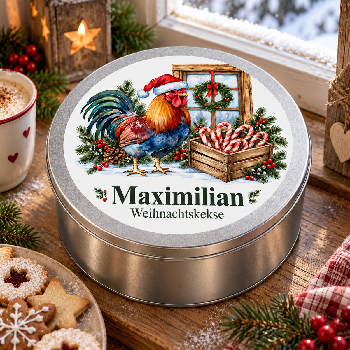 Keksdose mit Wunschname und Hahn am Weihnachtsfenster zwischen Plätzchen und weihnachtlicher Dekoration