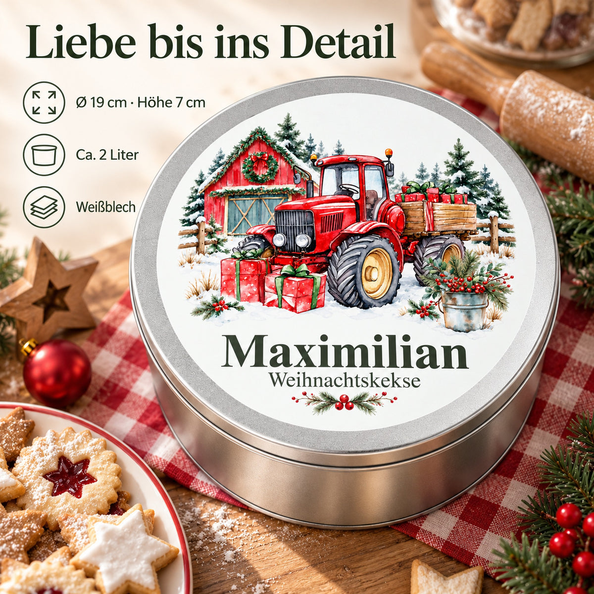 Personalisierte Weihnachtsdose mit Traktor mit Weihnachtsgeschenken und Angaben zu Größe, Volumen und Material