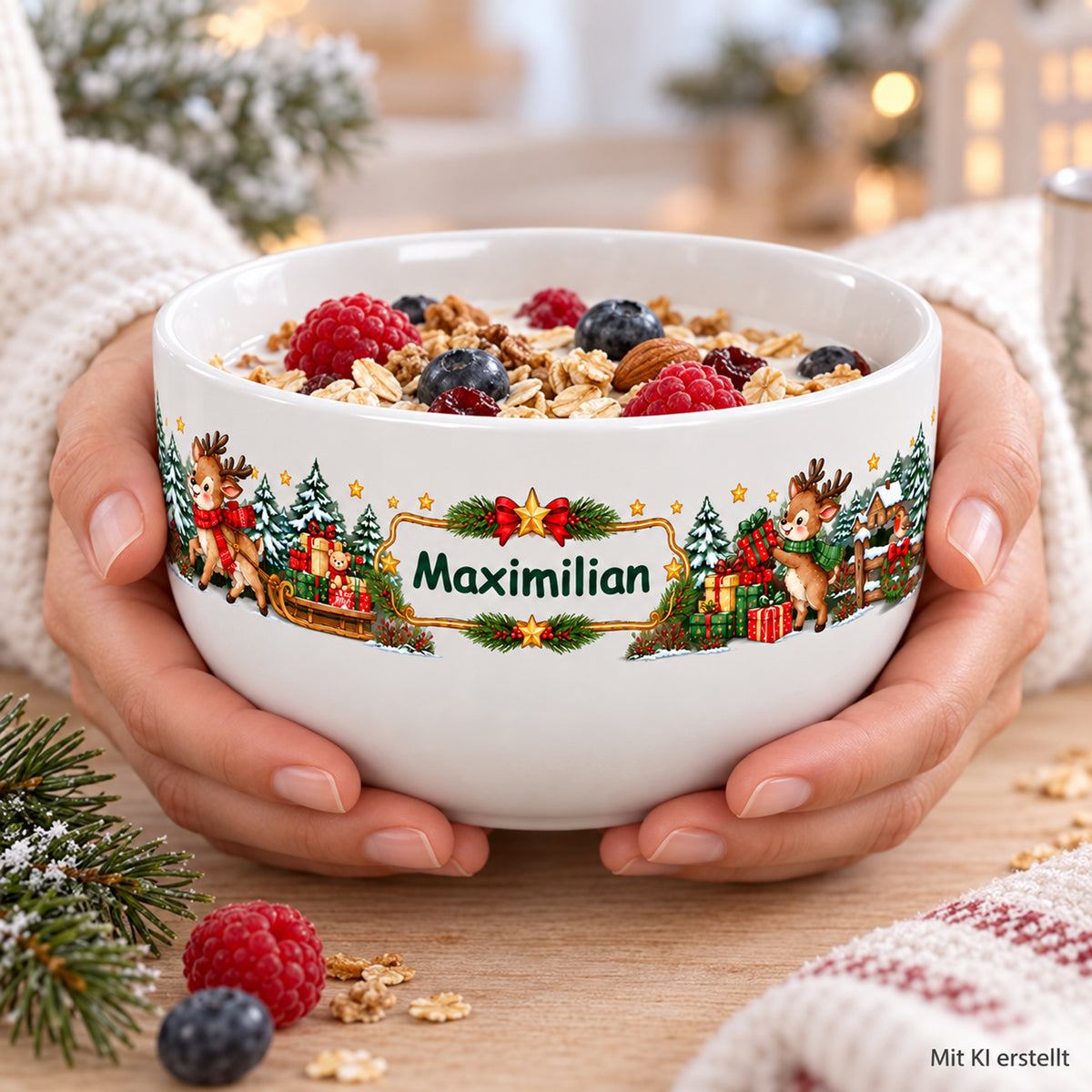 Weiße personalisierte Keramik-Müslischale mit Rentier-Weihnachtsmotiv beim Frühstück mit sichtbaren Händen; Bildkennzeichnung „Mit KI erstellt“.