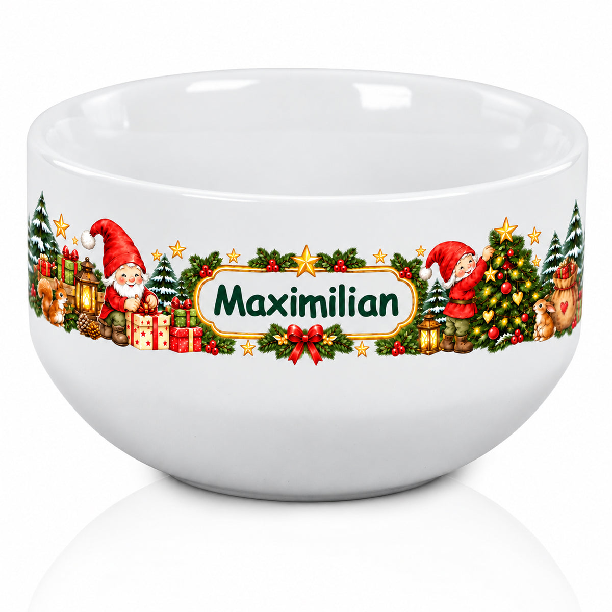 Weiße personalisierte Keramik-Müslischale mit Wichtel-Weihnachtsmotiv und Wunschname als freigestellte Produktansicht auf weißem Hintergrund.