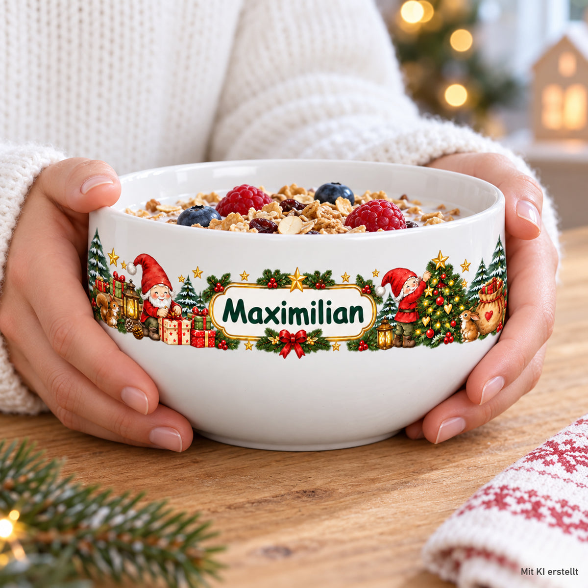 Weiße personalisierte Keramik-Müslischale mit Wichtel-Weihnachtsmotiv beim Frühstück mit sichtbaren Händen; Bildkennzeichnung „Mit KI erstellt“.