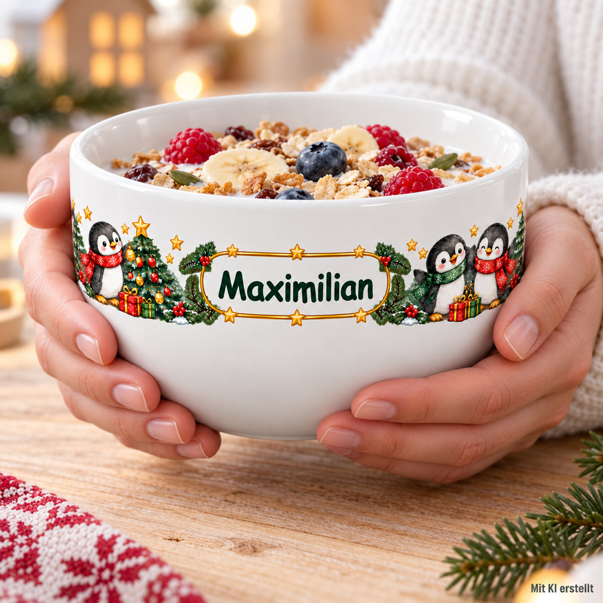 Weiße personalisierte Keramik-Müslischale mit Pinguine-Weihnachtsmotiv beim Frühstück mit sichtbaren Händen; Bildkennzeichnung „Mit KI erstellt“.