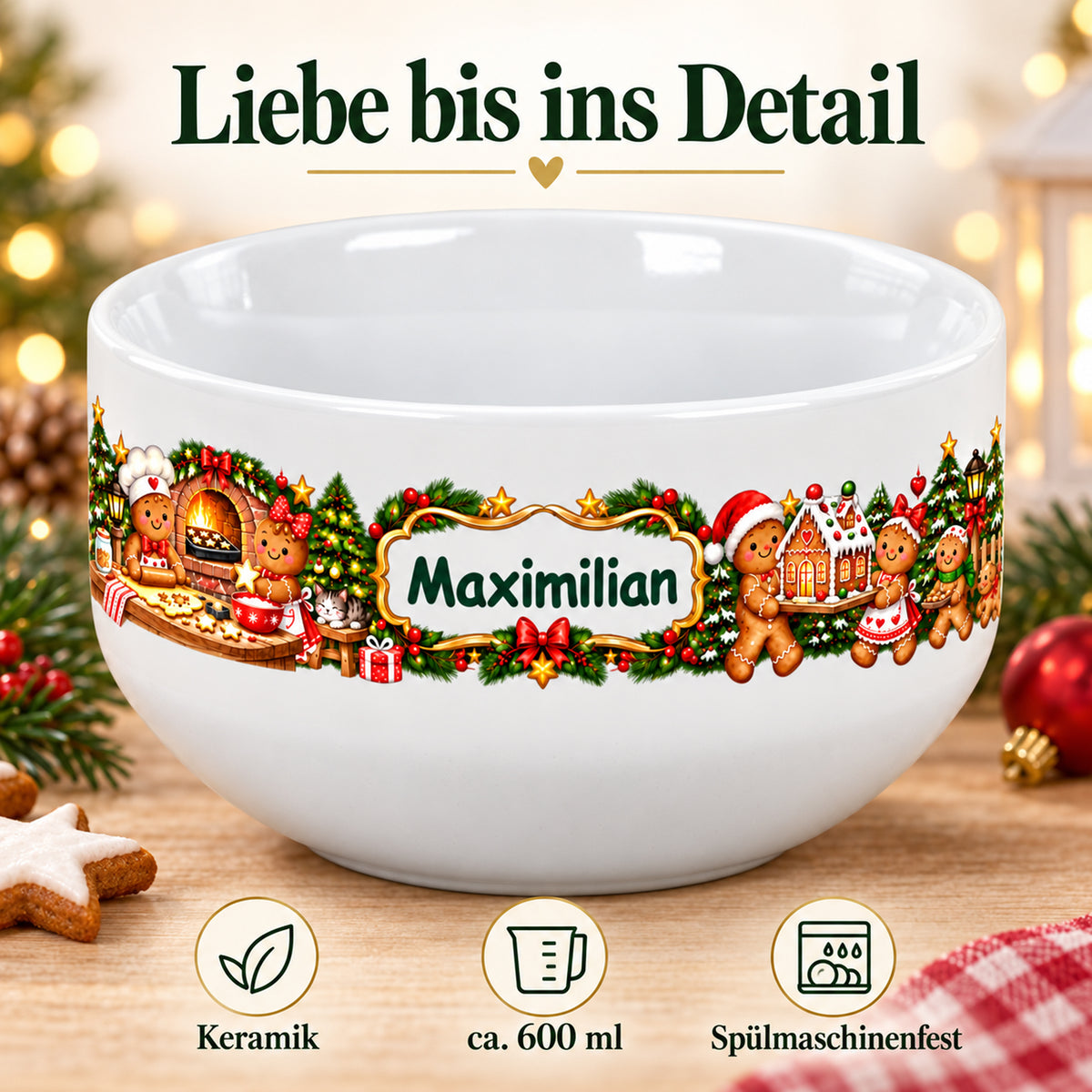 Weiße personalisierte Keramik-Müslischale mit Lebkuchenbäckerei-Weihnachtsmotiv mit den drei Produktlabels „Keramik“, „ca. 600 ml“ und „Spülmaschinenfest“.