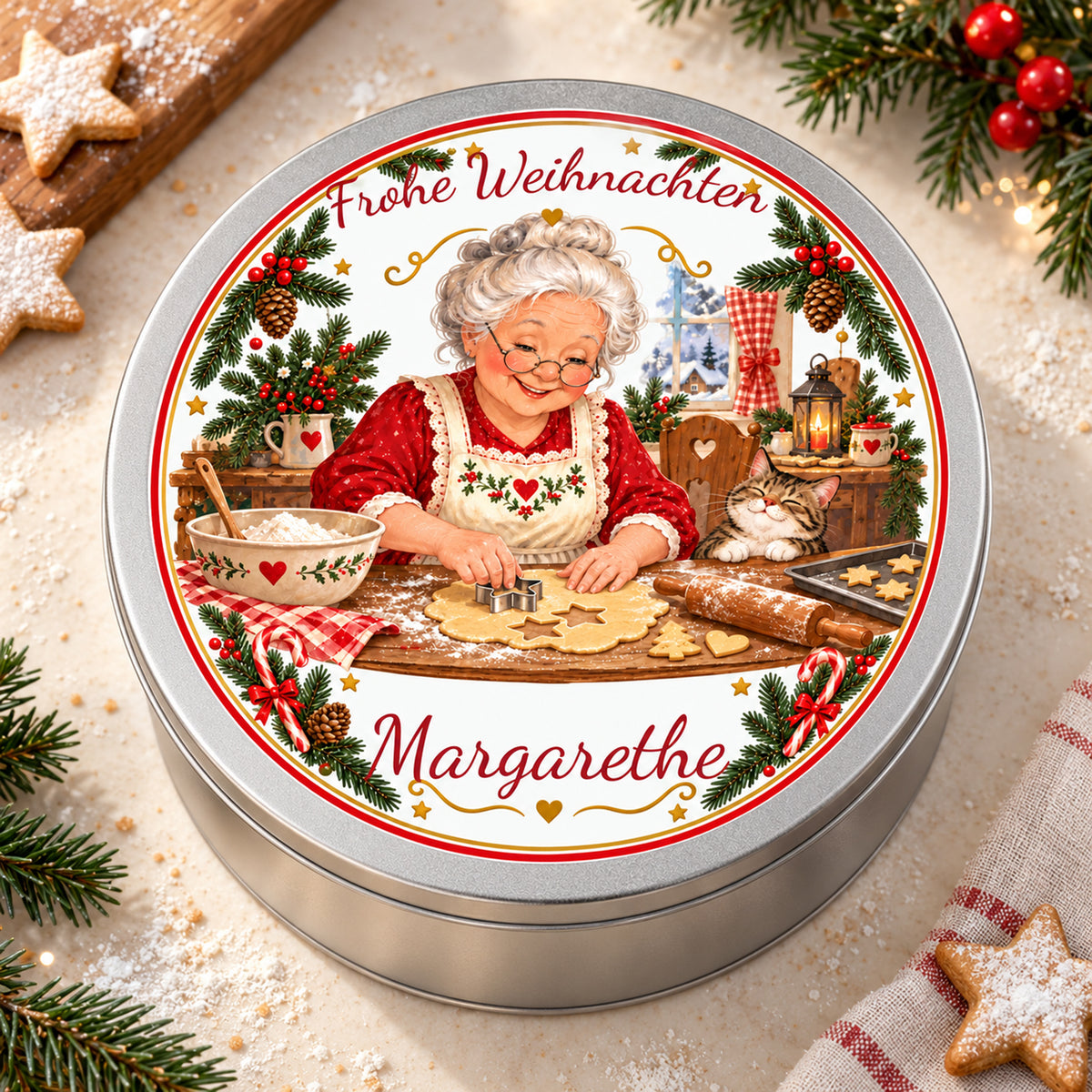 Draufsicht auf die personalisierte Weihnachtsoma-Keksdose, Motiv Plätzchen ausstechen mit bedrucktem Deckel auf einem cremefarbenen Tisch.