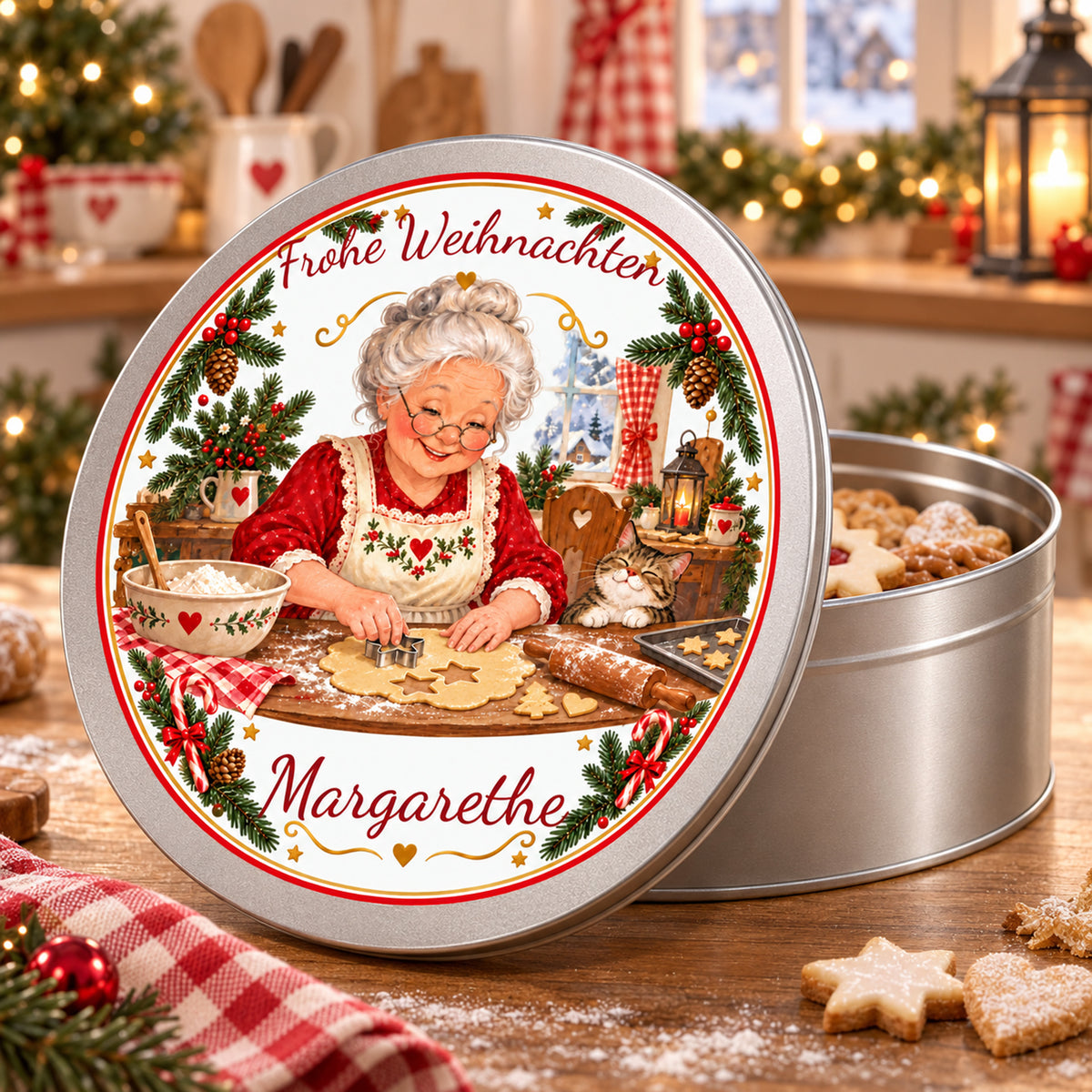 Offene personalisierte Weihnachtsoma-Keksdose, Motiv Plätzchen ausstechen mit separat präsentiertem bedrucktem Deckel.