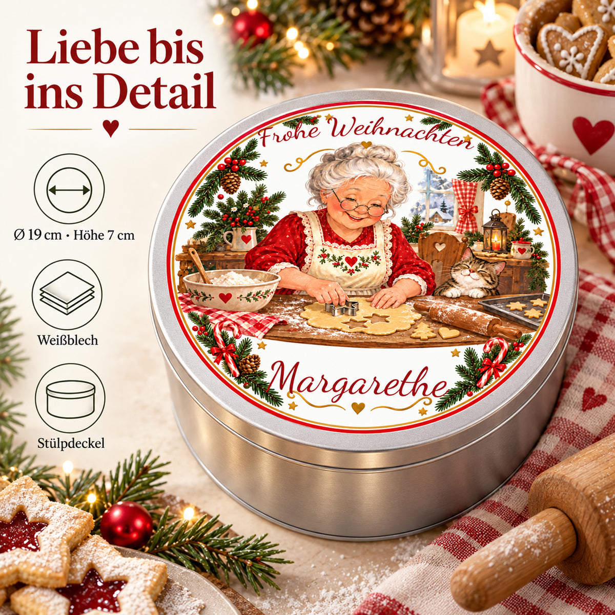 Produktdetails der Weihnachtsoma-Keksdose Plätzchen ausstechen: 19 cm Durchmesser, 7 cm Höhe, Weißblech und Stülpdeckel.