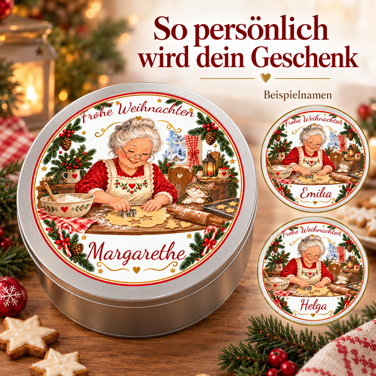 Personalisierungsbeispiele der Weihnachtsoma-Keksdose Plätzchen ausstechen mit verschiedenen Wunschnamen.