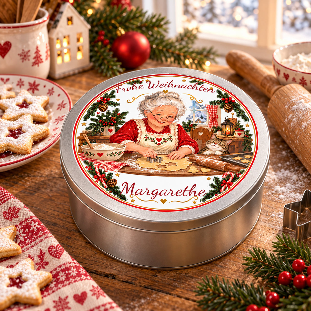 Personalisierte Weihnachtsoma-Keksdose Plätzchen ausstechen in einer Küche.