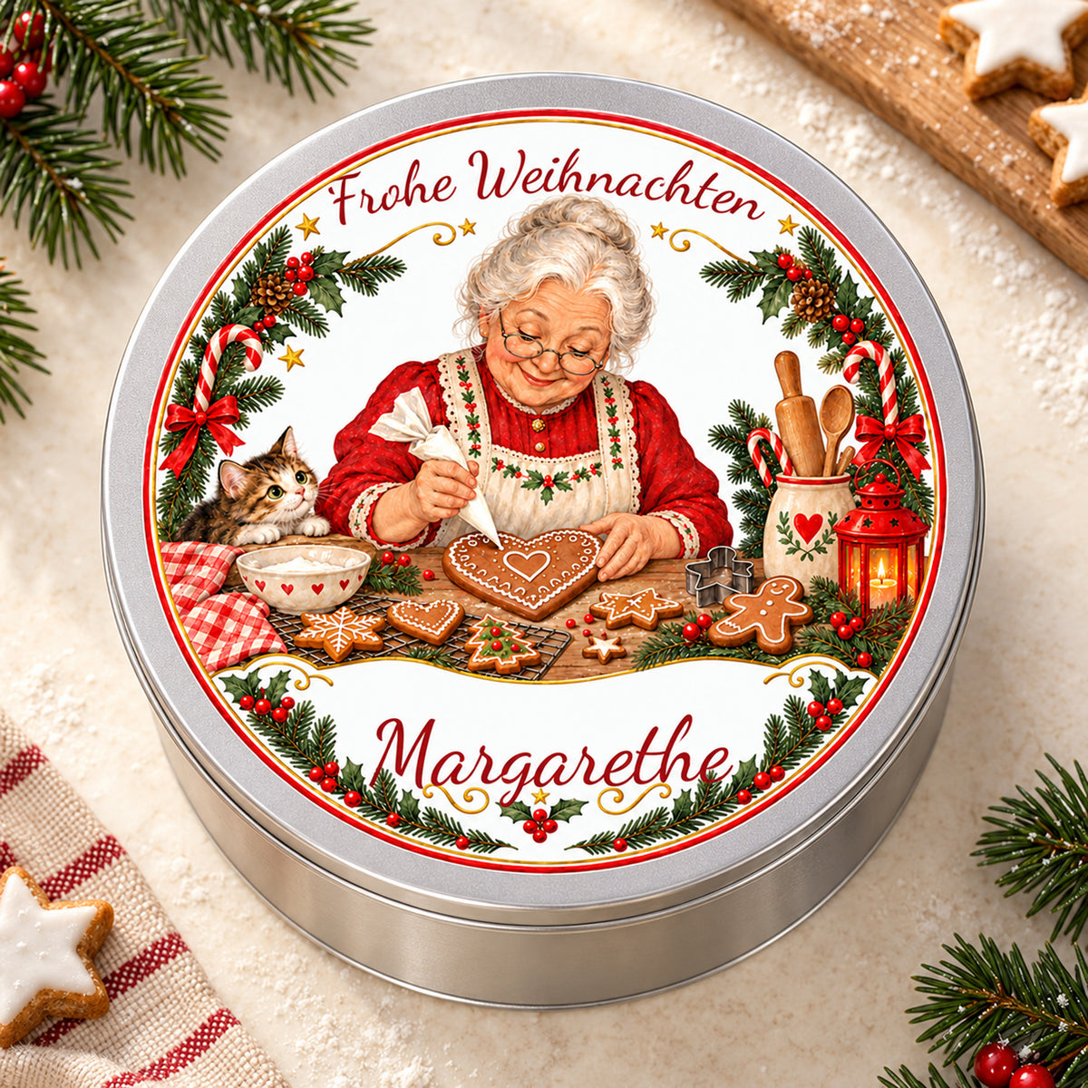 Draufsicht auf die personalisierte Weihnachtsoma-Keksdose, Motiv Lebkuchen verzieren mit bedrucktem Deckel auf einem cremefarbenen Tisch.