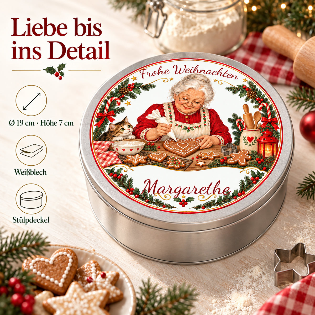 Produktdetails der Weihnachtsoma-Keksdose Lebkuchen verzieren: 19 cm Durchmesser, 7 cm Höhe, Weißblech und Stülpdeckel.